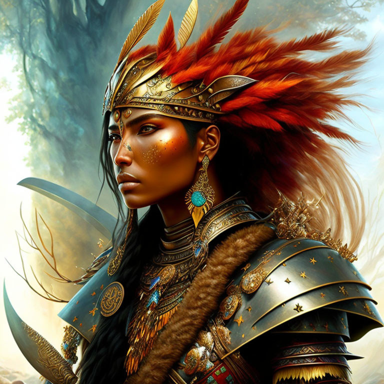 Illustration: Warrior woman in feathered headdress and golden armor in mystical forest.