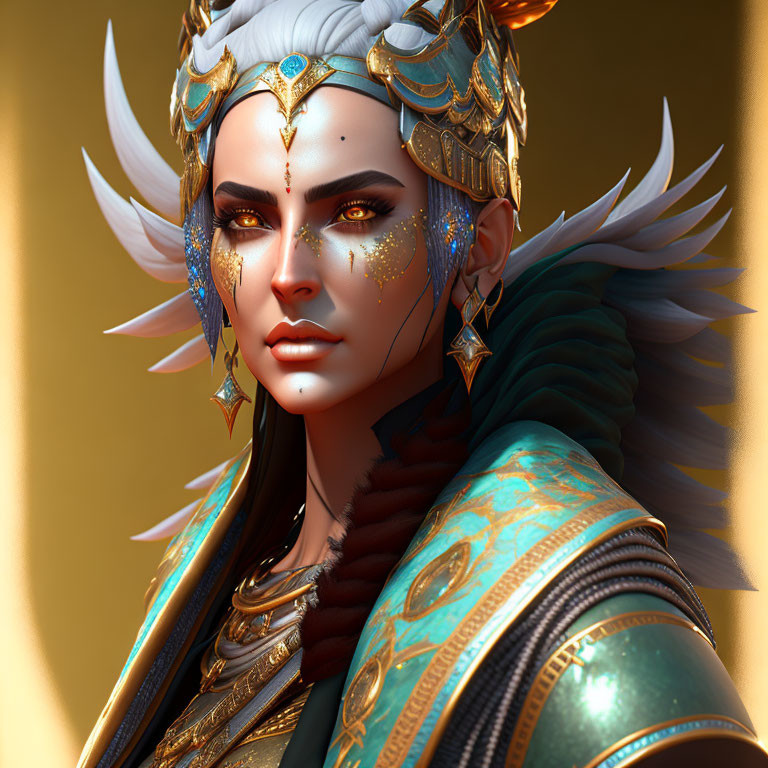 Digital artwork: Woman with ornate headgear, sparkling adornments, feathered shoulders on golden backdrop