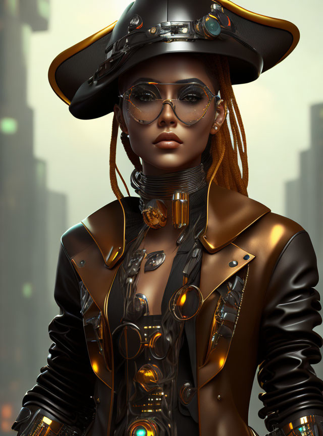 Futuristic woman in leather coat and glowing accessories against city backdrop