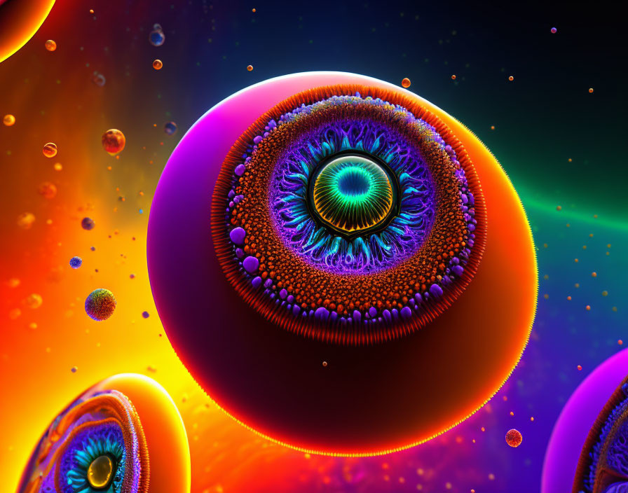 Colorful eye-like spheres in surreal neon-lit space.