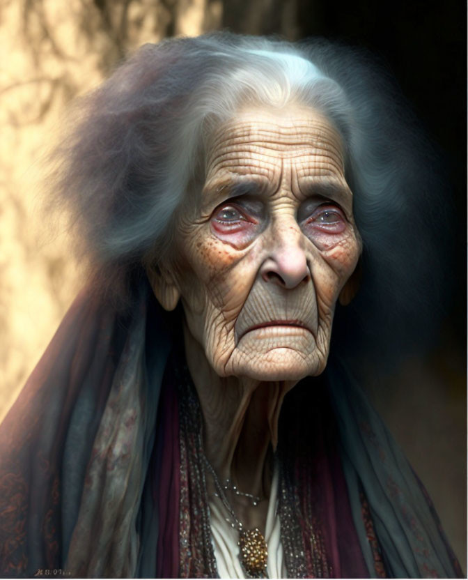 Elderly woman with deep wrinkles and intense eyes in shawl and necklace