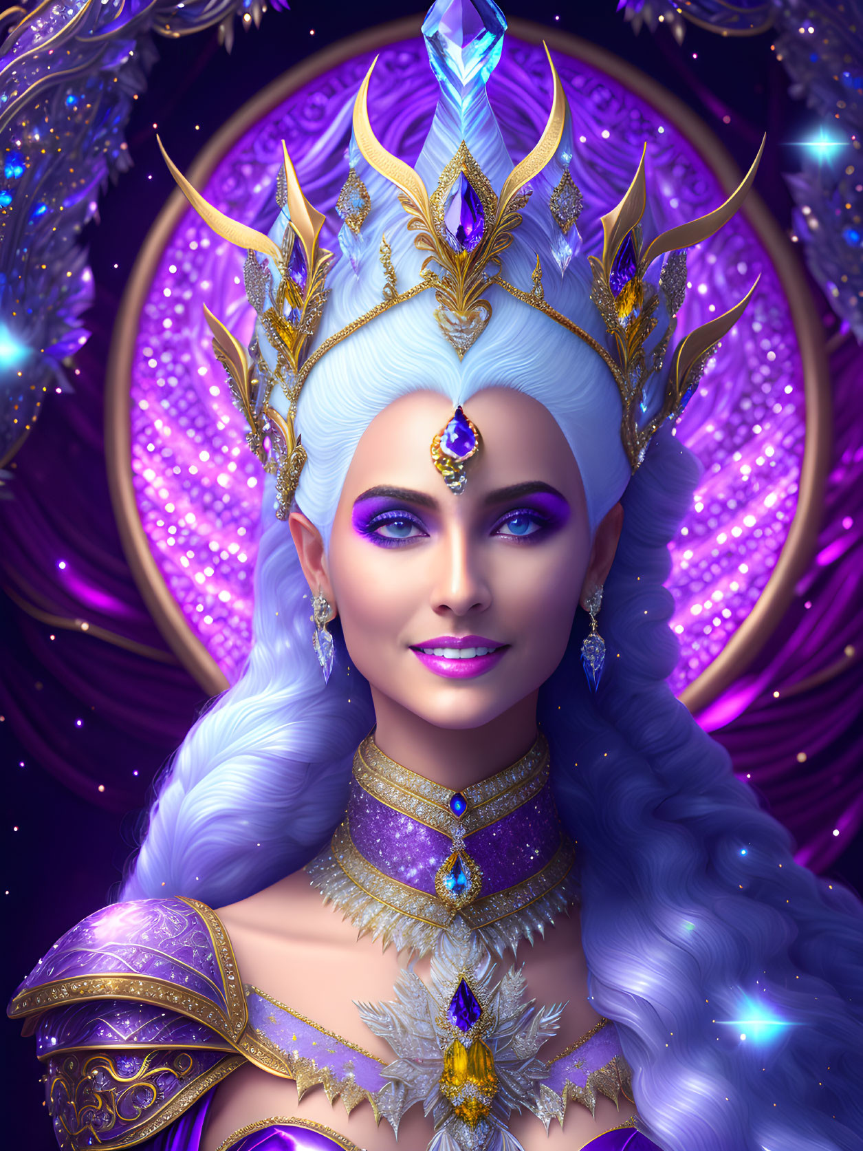 Fantasy figure with crystal crown and golden armor in starry scene