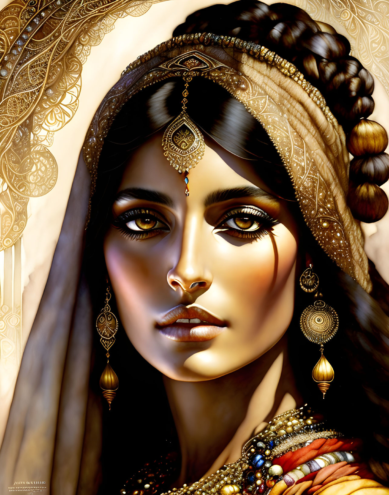 Traditional South Asian attire portrait with intricate jewelry and expressive eyes.