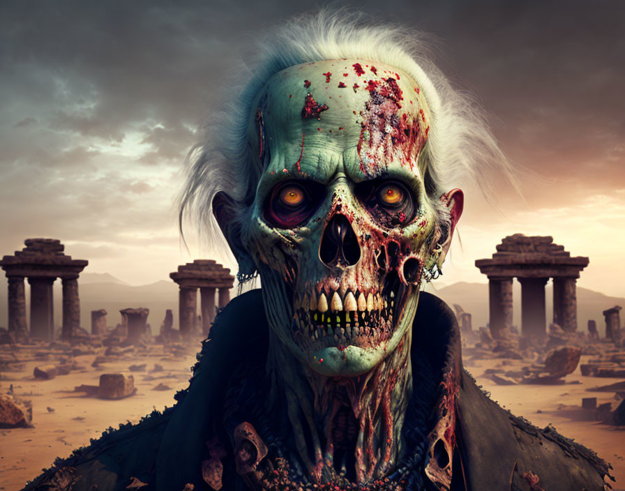 Terrifying zombie with decaying skin in desolate ruins