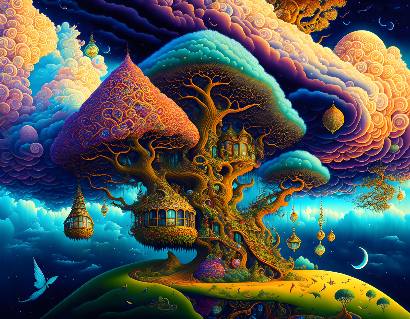 Colorful Psychedelic Landscape with Treehouse, Moon, Clouds, and Bird