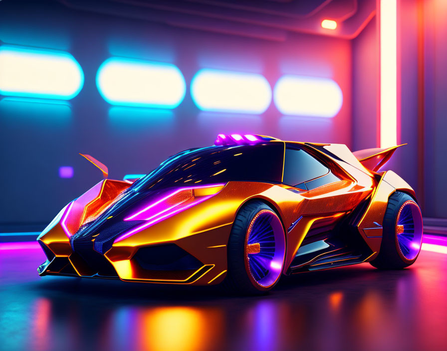 Futuristic golden-orange car in neon-lit high-tech environment