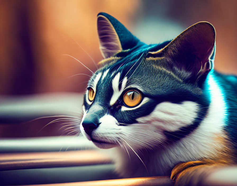 Close-up of Cat with Orange Eyes and Black-Striped Fur