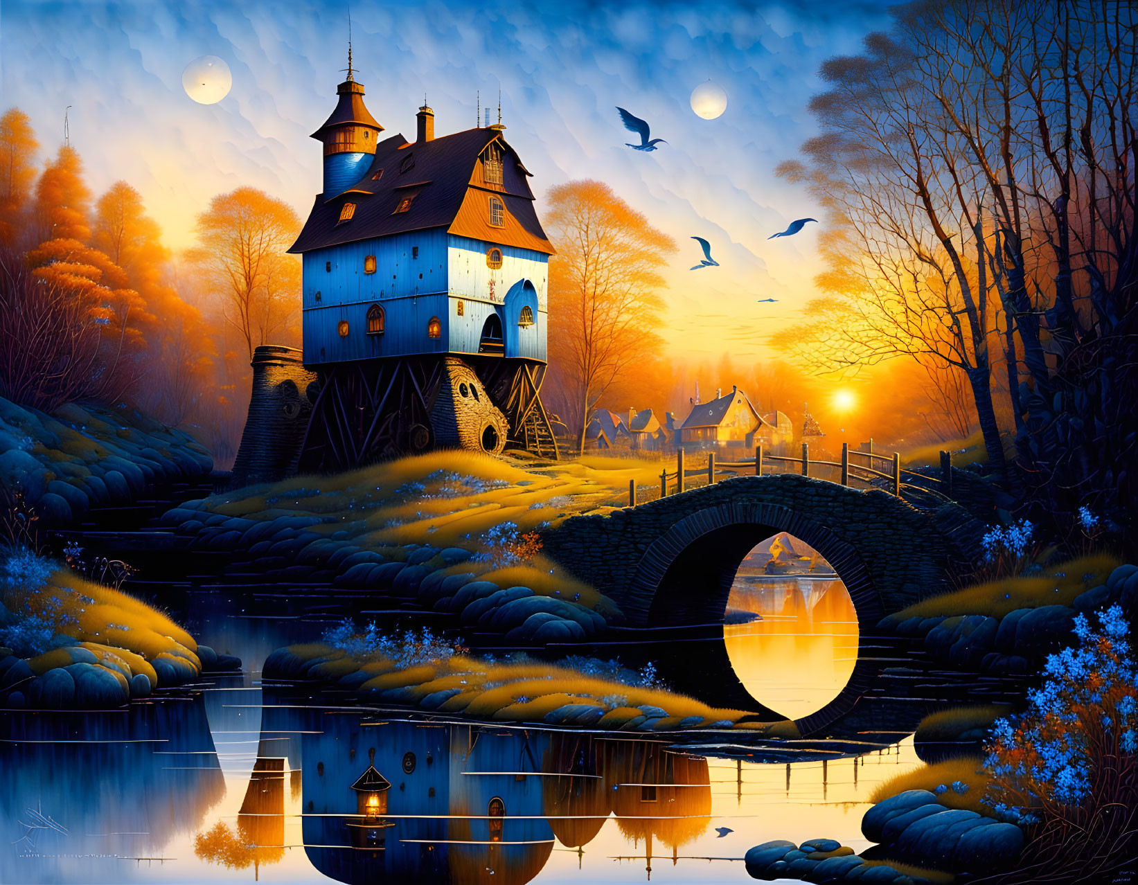 Fantasy sunset scene with windmill, river, birds, full moon, and autumn trees.