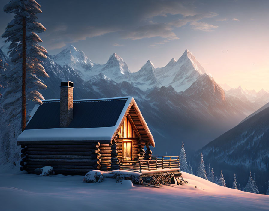 Snowy landscape: Cozy log cabin at dusk with glowing windows