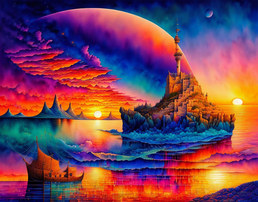 Fantasy landscape with castle, colorful clouds, suns, boat, and celestial bodies