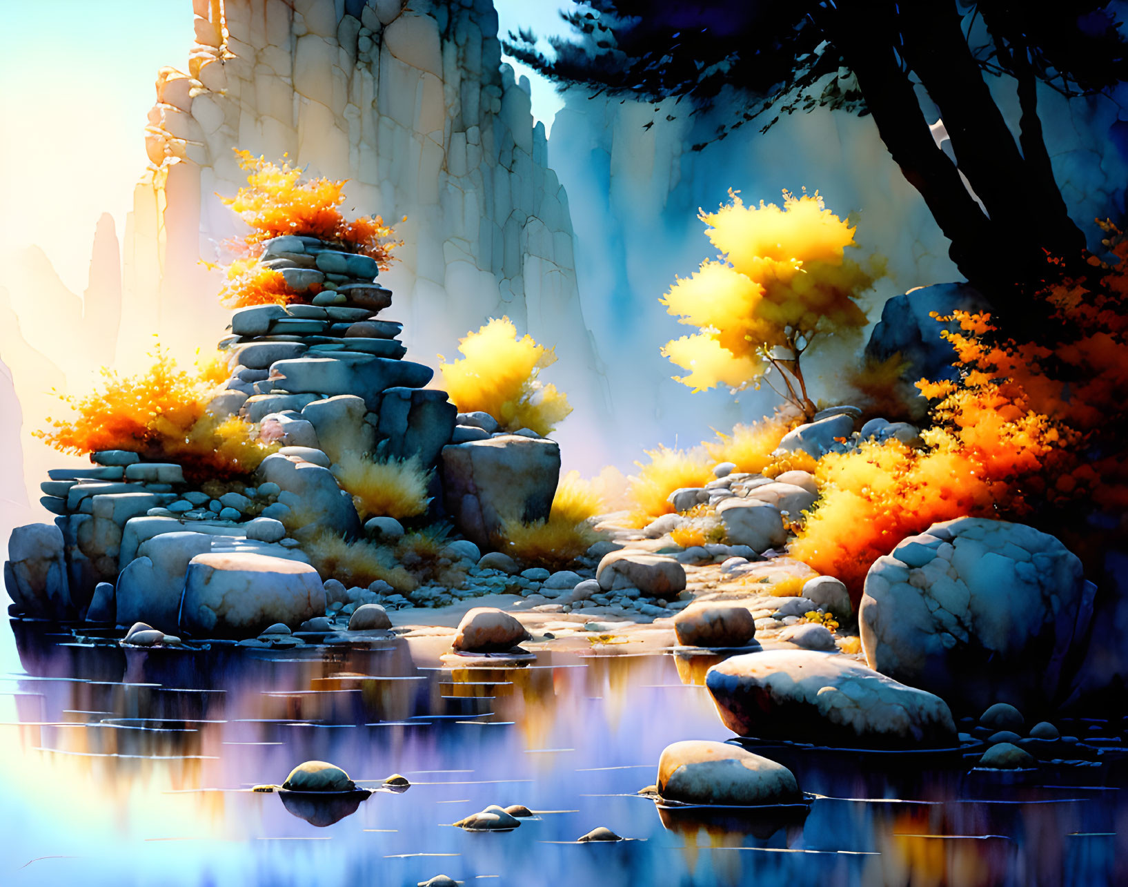 Tranquil river landscape with autumn trees, cairn, and waterfall