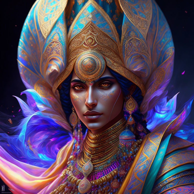 Ethereal digital artwork of woman with golden headdress