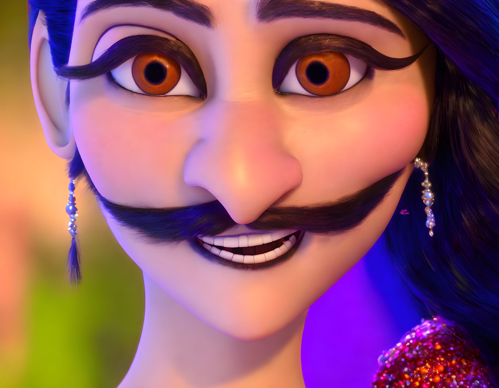 Animated character with brown eyes, mustache, earrings, smile, colorful backdrop