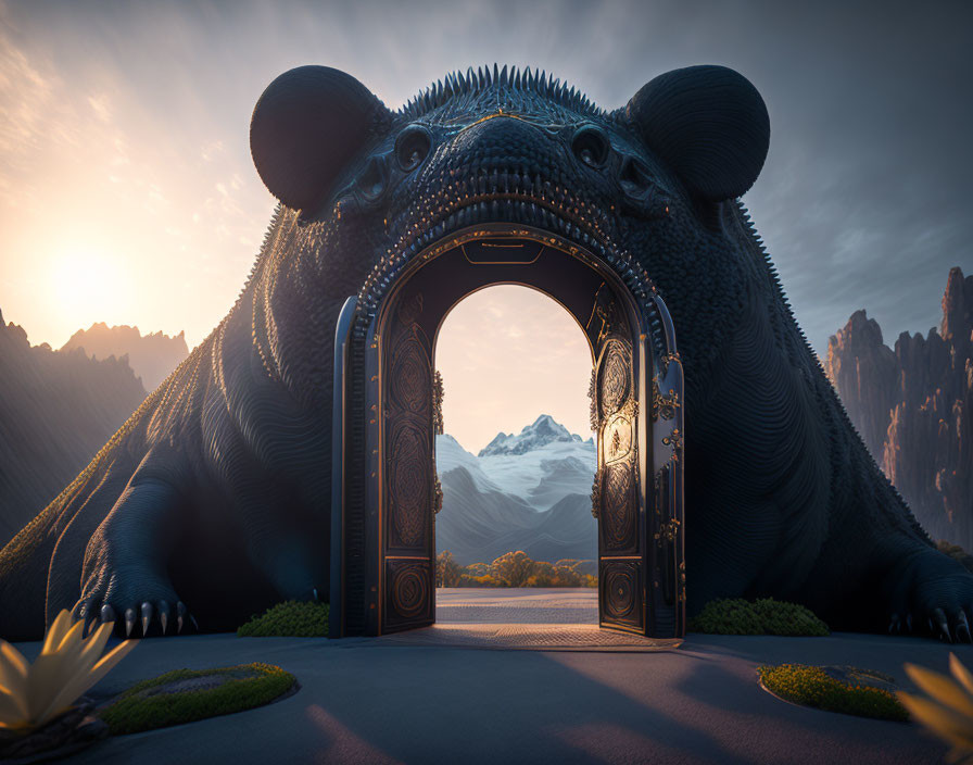 Stylized mouse head archway with mountain view at sunset