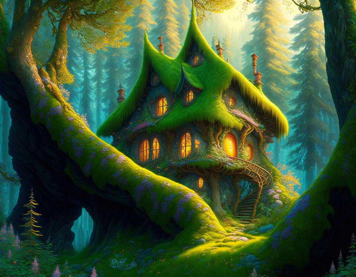 Whimsical treehouse in enchanted forest setting