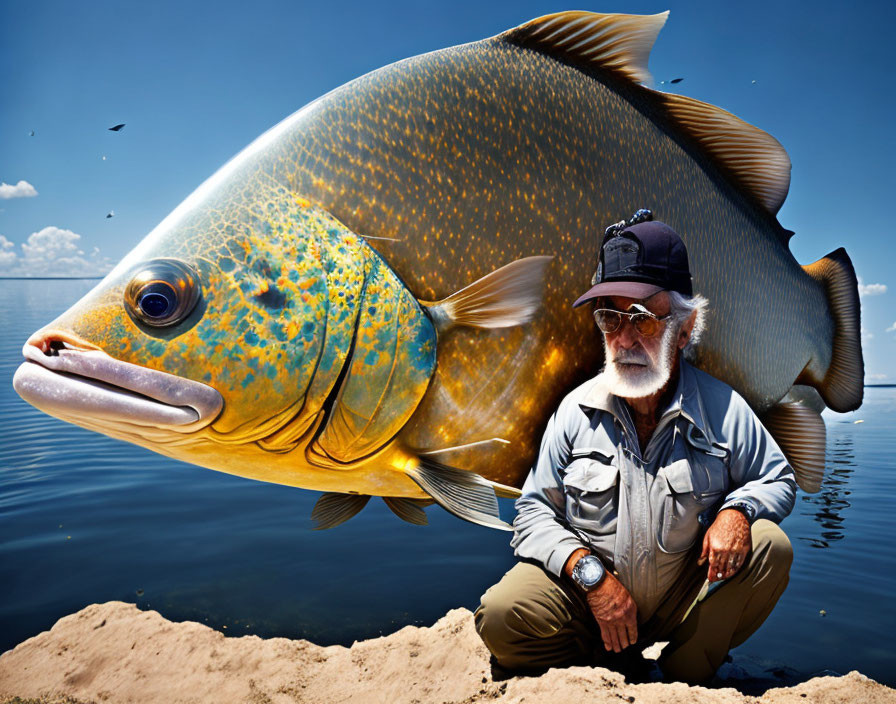 Bearded man with cap next to vibrant oversized fish under blue sky