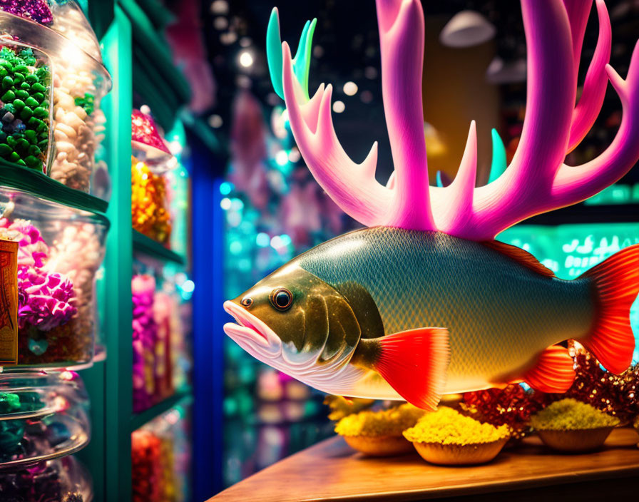 Colorful Fish with Antlers Surrounded by Candy Jars in Enchanted Setting