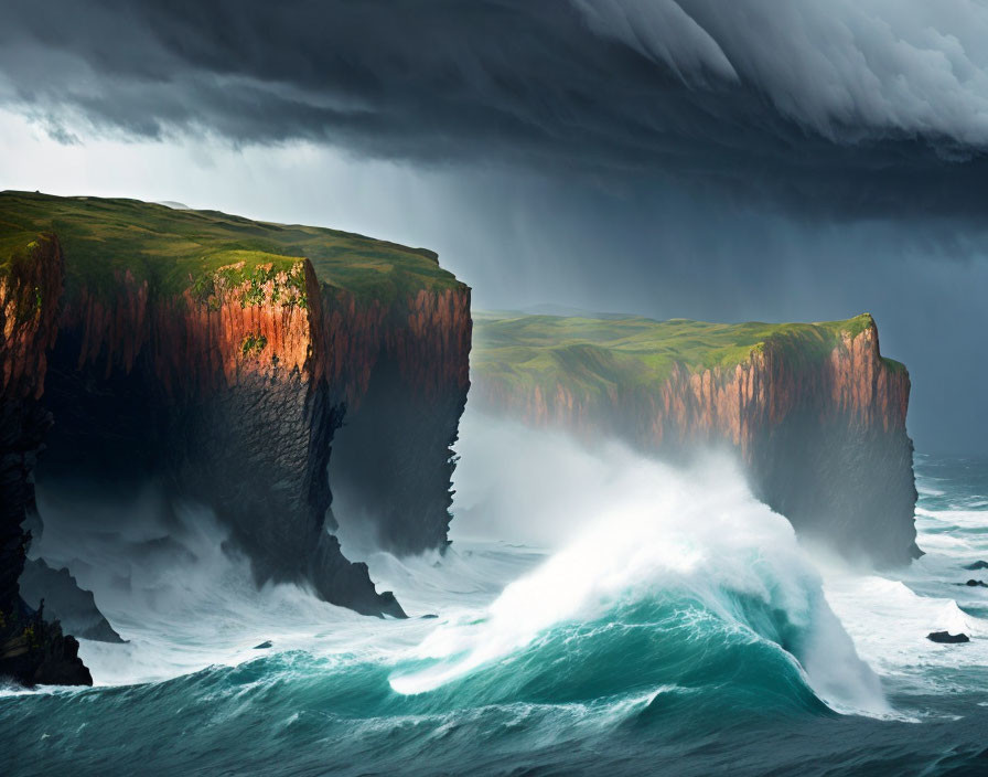 Stormy seascape with towering cliff, sunset, and crashing waves