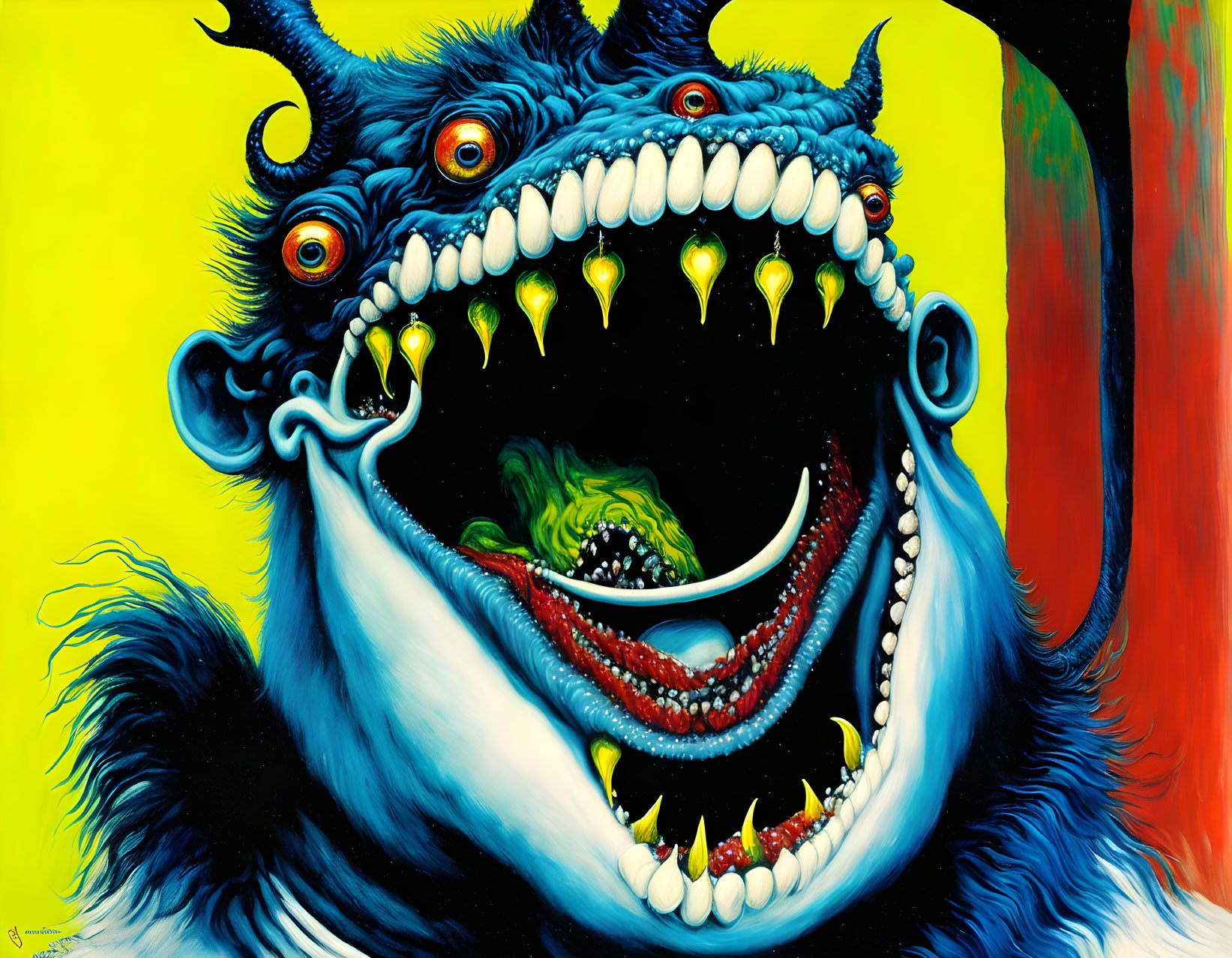 Whimsical monster painting with multiple eyes and sharp teeth