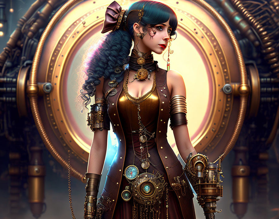 Steampunk digital art of a woman with brass gadgets and clockwork accessories