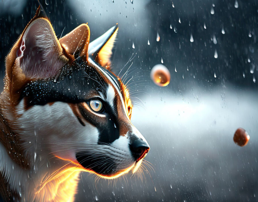 Digital art creature with feline features in rainy setting