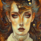 Cosmos-themed digital portrait of a woman with mystical gaze and ornate jewelry