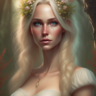 Blonde woman with floral crown in serene forest scene