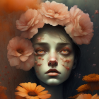 Woman with Dia de los Muertos face paint and flower crown in vibrant orange floral setting.