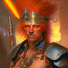 Fiery warrior with flaming hair and golden armor in intense pose