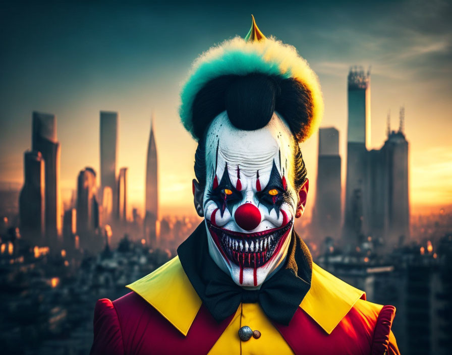 Menacing clown with sharp teeth against city skyline at sunset