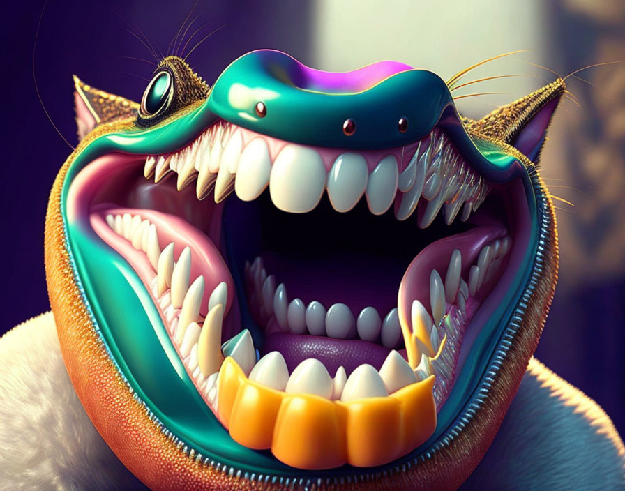 Colorful creature with wide-open mouth and sharp teeth in exaggerated style