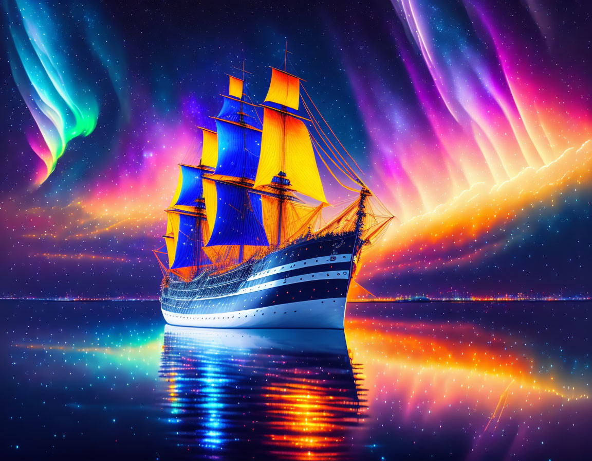 Majestic tall ship sailing under colorful aurora-filled sky