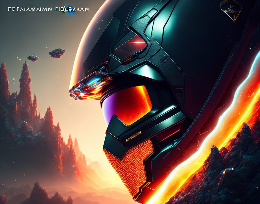 Futuristic helmet with glowing orange visor against red crystal backdrop