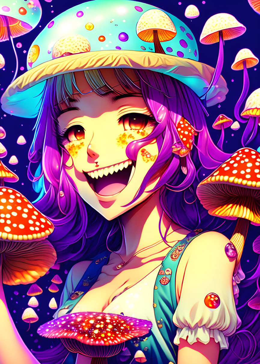 Colorful Mushroom-Themed Girl Illustration Under Starry Sky