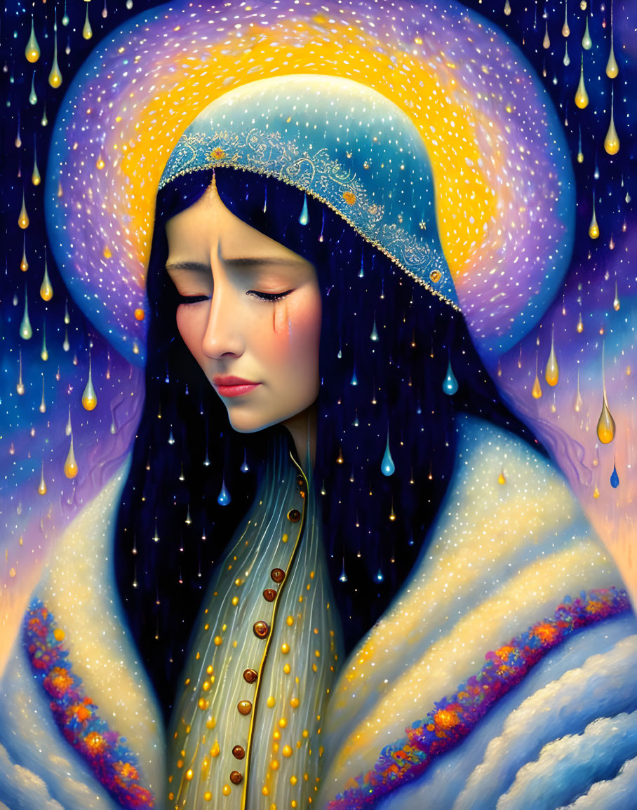 Illustration of Woman with Blue and Gold Headscarf and Tears, Colorful Raindrops