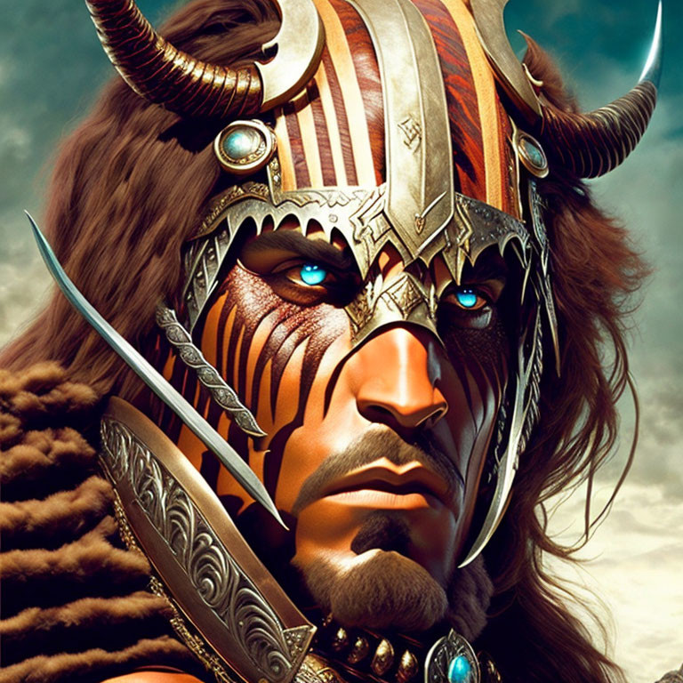 Warrior digital artwork with blue eyes and detailed metal helmet