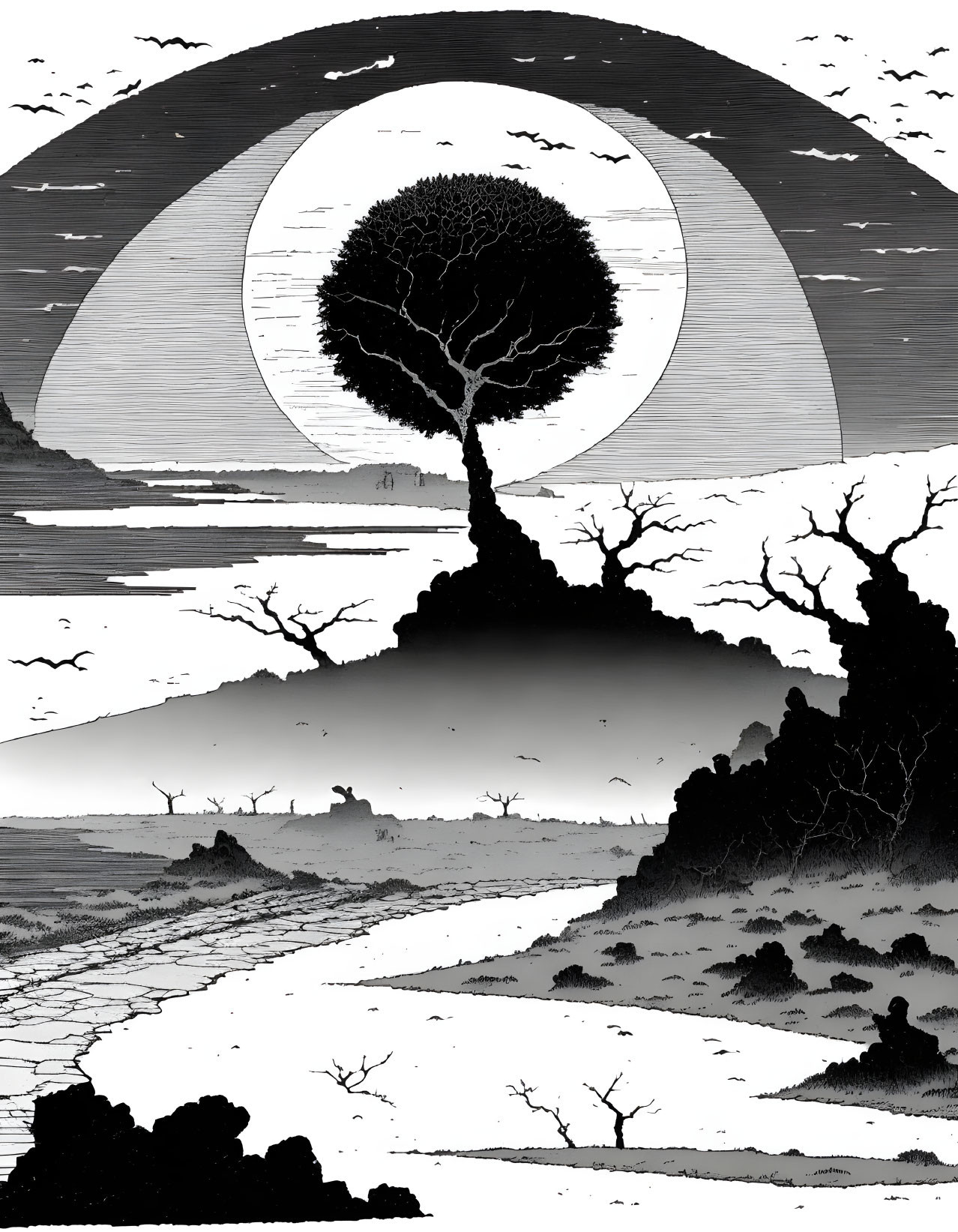 Monochrome landscape with large moon, solitary tree, birds, cracked ground