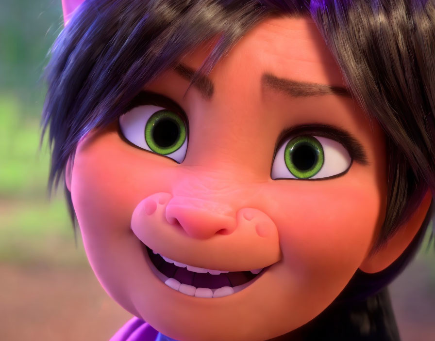 Cheerful animated girl with large green eyes and black hair