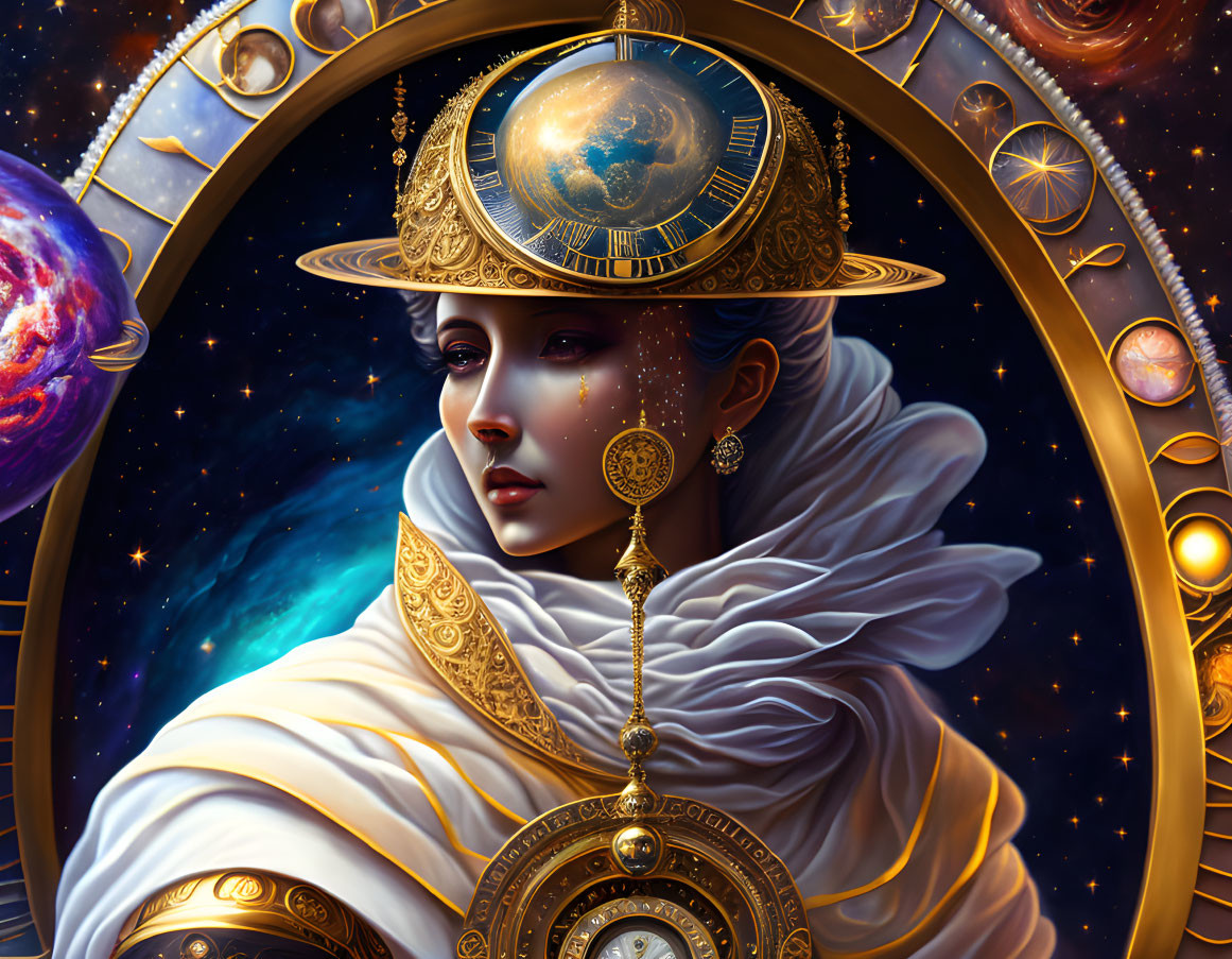 Female Figure with Celestial Globe Headdress in Cosmic Scene