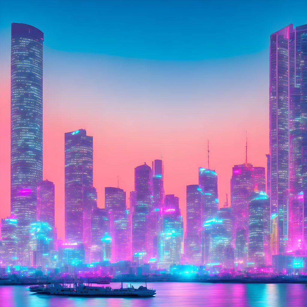 City skyline at dusk with illuminated skyscrapers against pink and blue gradient sky.