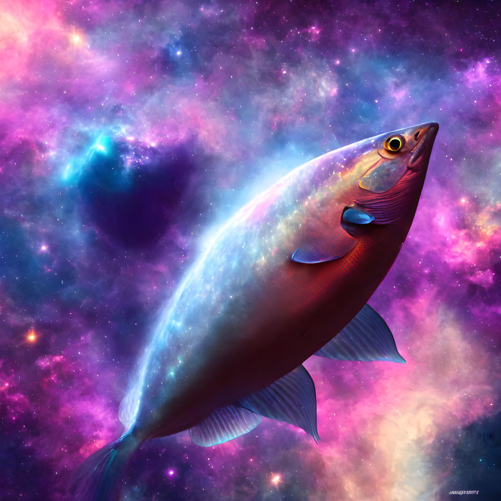 Shimmering fish on cosmic background with stars and nebulae