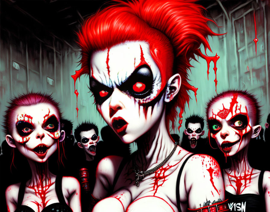 Group of punk zombie characters with bloodstained mohawks and dramatic makeup on red background