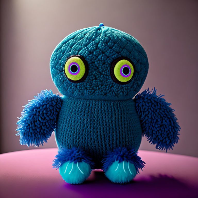 Teal Plush Toy with Purple Eyes on Pink Surface