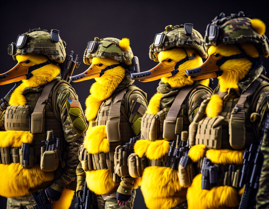 Duck-headed figures in tactical gear on dark background