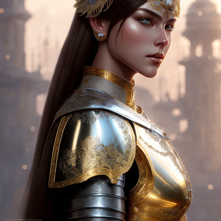 Female warrior digital artwork with golden armor and architectural backdrop.