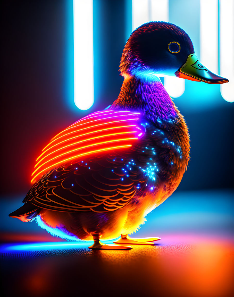 Colorful Duck Illustration with Neon Feathers and Lights