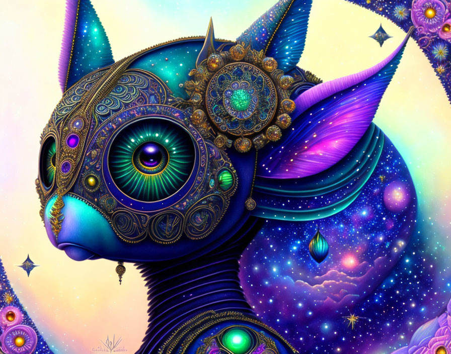 Colorful Cosmic Cat with Celestial Bodies and Geometric Patterns