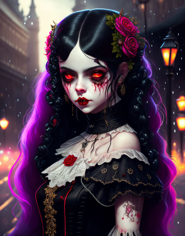 Gothic character with red eyes, black and purple hair, Victorian attire, roses, city backdrop