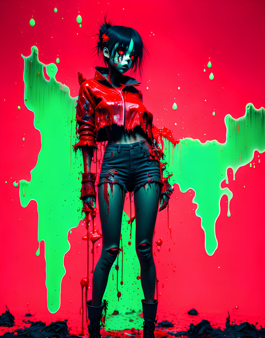 Stylized character with black hair and red jacket against red backdrop with green splatters holding dripping bat