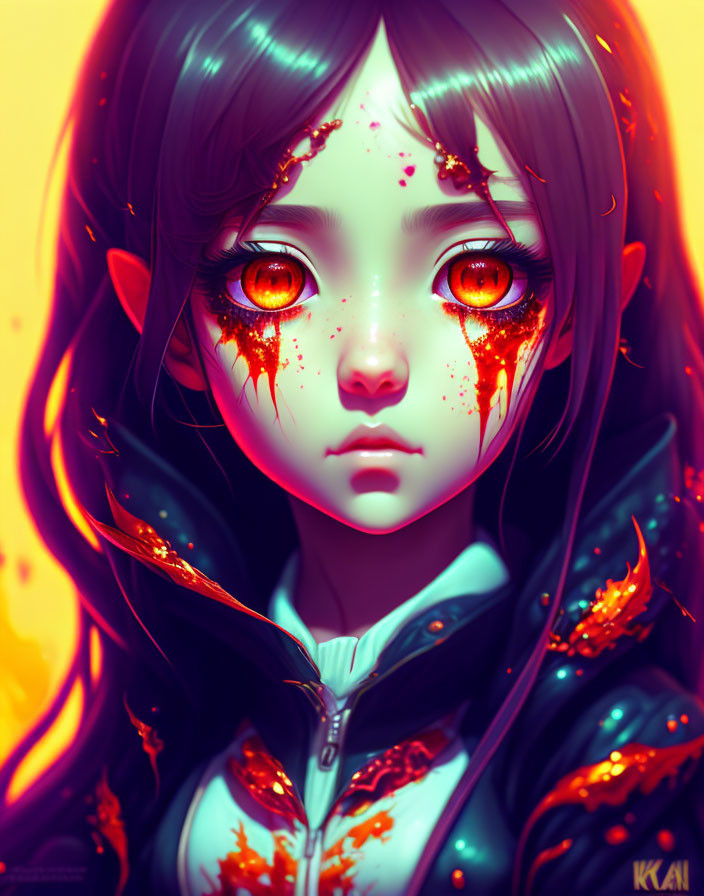 Illustrated portrait of a girl with red eyes and ember-like flecks on warm background